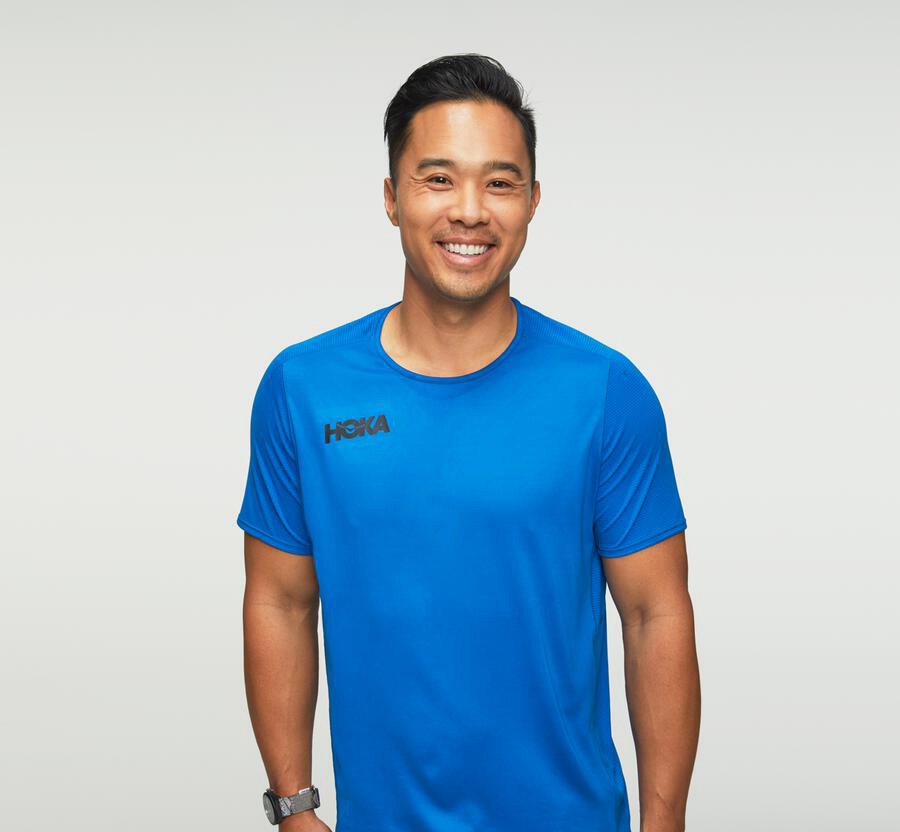 Top Hoka One One Hombre Azules - Performance Short Sleeve - FZYM36109